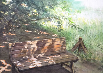 Rule 34 | bench, branch, commentary request, grass, highres, kazuyuki hashimoto, no humans, original, outdoors, painting (medium), scenery, shore, sunlight, tall grass, traditional media, tree, tree shade, unused tire, watercolor (medium), wooden bench