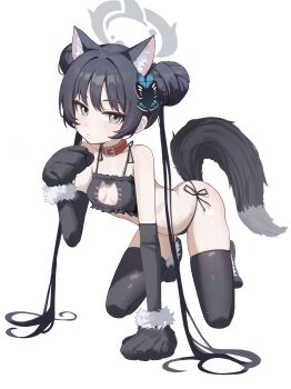 1girl :&lt; absurdres alternate_costume animal_collar animal_ear_fluff animal_ears animal_hands arched_back armpit_crease bare_shoulders black_bra black_gloves black_hair black_panties black_thighhighs blue_archive blush bra braid braided_bun breasts breasts_apart butterfly_hair_ornament cat_cutout cat_ears cat_lingerie cat_tail closed_mouth clothing_cutout collar collarbone commentary dot_nose double_bun elbow_gloves frilled_bra frills full_body gloves grey_eyes grey_halo hair_between_eyes hair_bun hair_ornament halo hand_up highres kemonomimi_mode kisaki_(blue_archive) kneeling loli long_hair looking_at_viewer navel panties paw_gloves paw_shoes red_collar side-tie_panties sidelocks simple_background small_breasts solo straight_hair tail thighhighs thighs tiptoes triangle_mouth twintails underwear very_long_hair white_background xiaoxiaoyifan zettai_ryouiki