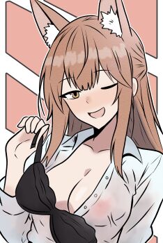 1girl ;d absurdres animal_ear_fluff animal_ears arknights black_bra bra breasts brown_eyes brown_hair buttons cleavage fox_ears fox_girl franka_(arknights) grey_shirt highres holding holding_bra holding_underwear holding_unworn_clothes long_hair long_sleeves looking_at_viewer lucia_(luciatehe) medium_breasts nipples one_eye_closed open_mouth partially_unbuttoned see-through_clothes see-through_shirt shirt smile solo split_mouth underwear unworn_bra upper_body