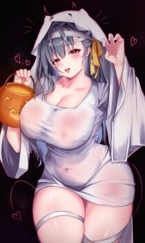 1girl absurdres bandaged_head bandages blush breasts bucket chu.n cleavage cloak commentary covered_erect_nipples covered_navel english_commentary ghost_costume goddess_of_victory:_nikke grey_hair halloween_bucket highres holding holding_bucket hood hood_up hooded_cloak large_breasts long_hair modernia_(nikke) nipples red_eyes see-through_clothes see-through_shirt shirt solo white_cloak white_shirt