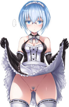 Rule 34 | ..., 1girl, apron, bare shoulders, black dress, black gloves, blue eyes, blue hair, blue pubic hair, blush, bow, bowtie, breasts, buttons, censored, cleavage, closed mouth, clothes lift, collarbone, colored pubic hair, cowboy shot, dress, dress lift, elbow gloves, eyelashes, female focus, female pubic hair, flashing, frilled apron, frilled dress, frilled gloves, frills, glasses, gloves, gluteal fold, groin, hair between eyes, hands up, highres, legs apart, lifting own clothes, looking at viewer, maid, maid apron, maid headdress, medium breasts, mosaic censoring, no panties, original, pubic hair, pussy, ribbon-trimmed legwear, ribbon trim, rimless eyewear, shimo (depthbomb), short dress, short hair, simple background, skirt, skirt hold, skirt lift, sleeveless, sleeveless dress, solo, spoken ellipsis, standing, striped bow, striped bowtie, striped clothes, striped neckwear, thighhighs, waist apron, white apron, white background, white thighhighs
