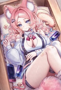 Rule 34 | 1girl, absurdres, ahoge, animal ear fluff, animal ear piercing, animal earrings, animal ears, bare shoulders, black skirt, blue eyes, blue hair, box, braid, breasts, by mirin, can, cleavage, cleavage cutout, closed mouth, clothing cutout, feet out of frame, food, frills, hair ornament, heart, highres, large breasts, long hair, long sleeves, looking at viewer, lying, multicolored hair, nintendo switch, on back, original, parted bangs, pillow, pink hair, puffy long sleeves, puffy sleeves, skirt, smile, solo, streaked hair, suspender skirt, suspenders, sweater, tail, thigh strap, twin braids, two-tone hair, virtual youtuber