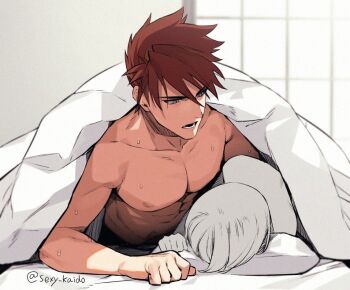 2boys abs aftersex arm_support artist_name bara bare_pectorals bed bed_sheet biceps blanket blunt_bangs blunt_ends bob_cut clenched_hand closed_eyes collarbone completely_nude couple eyes_visible_through_hair faceless faceless_male from_above from_side futon grey_eyes hair_between_eyes hair_over_eyes hair_over_one_eye head_on_pillow height_difference highres implied_after_sex indoors large_pectorals looking_at_another looking_down lower_teeth_only lying male_focus male_saniwa_(touken_ranbu) morning morning_after multiple_boys muscular muscular_male naked_sheet nipples nude on_back on_bed on_side on_stomach ookanehira_(touken_ranbu) open_mouth partially_colored pectorals pillow red_hair saniwa_(touken_ranbu) sexy_kaido shade shadow short_hair sideburns signature simple_background size_difference sleeping sliding_doors solo_focus spiked_hair sunlight sweat sweatdrop teeth toned toned_male topless_male touken_ranbu twitter_username under_covers upper_body waking_up white_background yaoi