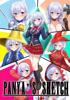 1girl aqua_eyes artist_name ax black_socks blazer blue_jacket bow braid breasts cleavage closed_mouth cosplay crossover final_fantasy front_braid girlfriend_(kari) hair_ornament hair_over_shoulder hairclip hat jacket kneehighs long_hair looking_at_viewer murakami_fumio panyasketch plaid_clothes plaid_skirt pleated_skirt red_bow red_skirt school_uniform shirt shoes sitting skirt smile socks solo sword tagme twin_braids weapon white_shirt yellow_hat