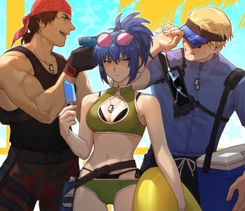 00a3af_231 1girl 2boys bandana black_panties blonde_hair blue_eyes blue_hair blue_shirt breasts clark_still cleavage earrings eyewear_on_head food green_eyes highres holding holding_food holding_popsicle ikari_warriors jewelry leona_heidern multiple_boys muscular muscular_male panties popsicle ralf_jones red_bandana shirt snk sunglasses swimsuit the_king_of_fighters triangle_earrings underwear