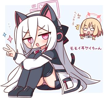 Rule 34 | 2girls, :d, ^^^, animal ear headphones, animal ears, black jacket, black shoes, black skirt, black thighhighs, blue archive, blue background, blue necktie, blush, border, cat ear headphones, cat ears, chibi, chibi inset, commentary request, double-parted bangs, fake animal ears, full body, hair between eyes, halo, hana kazari, headphones, highres, jacket, kei (blue archive), kei (new body) (blue archive), knees up, long hair, long hair between eyes, long sleeves, looking at viewer, miniskirt, momoi (blue archive), multiple girls, necktie, o o, open clothes, open jacket, open mouth, outline, outside border, panties, pink halo, pink panties, pleated skirt, rectangular halo, red halo, ringed eyes, shoes, simple background, sitting, skirt, smile, sparkle, striped clothes, striped panties, thighhighs, underwear, v, white border, white hair, white outline