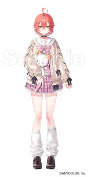 Rule 34 | 1girl, ahoge, black choker, black shoes, chest bow, choker, closed mouth, commentary request, crossed bangs, full body, green eyes, hair between eyes, jacket, loafers, long sleeves, looking at viewer, loose socks, nijisanji, official art, open clothes, open jacket, red hair, shishido akari, shoes, short hair, simple background, skirt, smile, socks, solo, standing, stuffed toy, toosaka asagi, virtual youtuber, white background, white socks