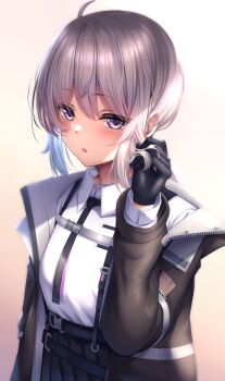 Rule 34 | 1girl, :o, absurdres, arm behind back, black gloves, black jacket, black necktie, black skirt, blush, breasts, cheyanne (girls' frontline 2), commentary request, girls' frontline, girls' frontline 2: exilium, gloves, hair between eyes, hand up, highres, jacket, looking at viewer, m200 (girls' frontline), medium hair, necktie, open clothes, open jacket, pleated skirt, purple eyes, shirt, skirt, small breasts, solo, upper body, white hair, white shirt, xlscaler