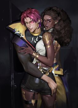 1boy 1girl alternate_costume armor bare_shoulders black_background black_shorts boots bracelet commentary couple crop_top daniju dark-skinned_female dark_skin dreadlocks english_commentary eyeshadow glitter glitter_makeup glowing glowing_eye gluteal_fold gold_armor gold_tattoo grabbing_another's_ass groping head_tilt headset heartsteel_(league_of_legends) heartsteel_kayn hetero heterochromia high_collar highres hug indoors jewelry kayn_(league_of_legends) league_of_legends leaning_forward looking_at_viewer looking_to_the_side makeup mel_(league_of_legends) muscular muscular_male parted_bangs parted_lips pink_hair purple_eyeshadow shade shirt shorts sleeveless standing thigh_boots thighs tied_shirt upper_body very_dark_skin