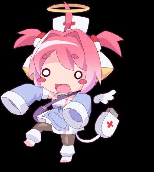 >_< 1girl ahoge angel_wings animated animated_gif apron blue_apron blue_sleeves blush_stickers cable cable_tail cartoon_wings closed_eyes colinarmis commentary commission cross detached_collar detached_sleeves detached_wings dress english_commentary fallen_down falling full_body gradient_hair hair_intakes hair_ornament halo hat indie_virtual_youtuber long_sleeves mai_kyua mechanical_tail mini_wings multicolored_hair nurse_cap o_o open_mouth pantyhose pill pill_hair_ornament pink_hair red_cross red_eyes robot_ears shoes short_eyebrows short_hair short_twintails simple_background sleeveless sleeveless_dress sleeves_past_fingers sleeves_past_wrists solo tail tearing_up traditional_halo transparent_background twintails virtual_youtuber white_dress white_hat white_shoes white_wings wings yellow_halo