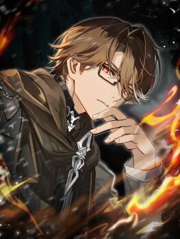 0529lt 1boy absurdres black-framed_eyewear bright_pupils brown_hair brown_scarf chinese_commentary coat commentary curtained_hair glasses grey_coat hand_on_own_chin highres honkai:_star_rail honkai_(series) long_sleeves looking_at_viewer male_focus multicolored_hair open_clothes open_coat parted_lips rectangular_eyewear red_eyes ringed_eyes scarf short_hair sideburns solo streaked_hair two-tone_hair upper_body welt_yang white_hair white_pupils