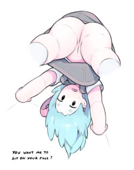 1girl ass blue_hair bow cleft_of_venus colored_skin dress female_focus from_below hairband huge_ass loli looking_at_viewer looking_down nude open_mouth original pov pussy simx sitting sitting_on_face sitting_on_person skirt socks solo speech_bubble standing teasing thick_thighs thighs uncensored upskirt white_background white_skin wide_hips zoey_(simx)