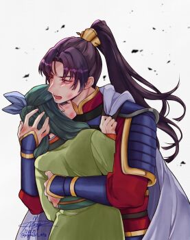 1boy 1girl arm_around_back armor blue_ribbon blush cape chinese_armor chinese_clothes chinese_hairpin dated dirty dirty_face furrowed_brow green_hair green_shirt grey_cape hair_over_shoulder hair_ribbon half_updo hand_in_another&#039;s_hair highres hug jinshi_(kusuriya_no_hitorigoto) kusuriya_no_hitorigoto long_hair maomao_(kusuriya_no_hitorigoto) open_mouth parted_bangs pigrabbit_mtz pink_eyes ponytail purple_hair red_shirt ribbon shirt shoulder_armor signature twitter_username upper_body white_background