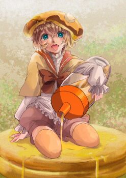 1girl blush brown_background brown_hair brown_hat brown_jacket brown_shorts butter commentary_request crossed_bangs food food-themed_clothes full_body green_eyes hair_between_eyes hat highres jacket kudo_kunugi leaf leaf_background long_sleeves looking_at_viewer maple_syrup mini_person minigirl on_food open_mouth original pancake pancake_stack red_sailor_collar sailor_collar seiza shirt short_hair shorts sitting solo tongue tongue_out white_shirt