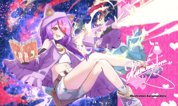 1boy absurdres animal_hood artist_name bare_shoulders belt_pouch black_gloves book coat commission crossed_legs duel_masters elbow_gloves energy_beam fingerless_gloves firing frilled_coat frills glenturret_(duel_masters) gloves gradient_background hair_over_one_eye heart highres holding holding_book hood hooded_coat kuramandora low_side_ponytail midriff multicolored_hair navel open_book open_mouth outstretched_arm pink_coat pouch purple_hair red_eyes red_hair shirt shoes shorts signature skeb_commission solo split_screen trap white_shirt white_shoes white_shorts