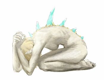 1girl aizheajsee barefoot blonde_hair breasts completely_nude covered_face crystal from_side full_body hands_up highres hunched_over light_dragon_(zelda) medium_breasts nintendo nude own_hands_together princess_zelda seiza simple_background sitting solo spikes the_legend_of_zelda the_legend_of_zelda:_tears_of_the_kingdom transformation white_background