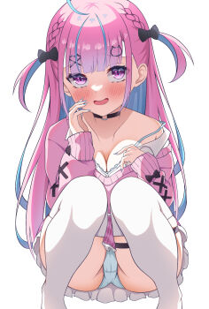 1girl ahoge arm_bow black_bow black_choker blue_bra blue_hair blue_nails blue_panties blush bow bra braid breasts cardigan cat_hair_ornament choker cleavage collarbone colored_inner_hair fingernails hair_bow hair_ornament hairclip highres hololive large_breasts long_hair long_sleeves looking_at_viewer minato_aqua minato_aqua_(school_uniform) multicolored_hair nail_polish o-ring o-ring_choker open_mouth panties pantyshot pink_cardigan pink_eyes pink_hair pink_skirt plaid_clothes plaid_skirt rumurumu simple_background skirt sleeves_past_wrists solo squatting strap_slip streaked_hair thigh_strap thighhighs thighs two-tone_hair two_side_up underwear virtual_youtuber white_background white_thighhighs