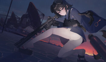 1girl absurdres ammunition_pouch ar-15 black_eyes black_gloves black_hair blue_kimono blush cheek_tattoo explosive gas_mask gloves grenade grenade_pin gun highres japanese_clothes kimono legs looking_at_viewer mask molle_vest night nusisring_tactical platform_sandals polilla pouch rifle salt_flats sandals satellite_dish shii_nana short_hair short_shorts shorts sky sunset tactical_clothes tattoo throwing unworn_mask watch weapon white_shorts wristwatch