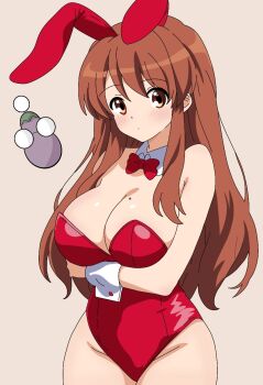 1girl animal_ears arm_under_breasts artist_self-insert asahina_mikuru bare_legs bow bowtie breasts brown_eyes brown_hair commentary detached_collar eggplant english_commentary fake_animal_ears highres large_breasts leotard long_hair mole mole_on_breast official_alternate_costume pink_background playboy_bunny rabbit_ears red_bow red_bowtie red_leotard simple_background strapless strapless_leotard suzumiya_haruhi_no_yuuutsu wrist_cuffs yuiyu_ki