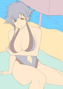 1girl 2021 bleach breasts cleavage collarbone grey_hair kotetsu_isane kuma_(jk0073) large_breasts navel one-piece_swimsuit solo swimsuit unfinished