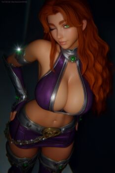 3d absurdres bare_shoulders breasts commentary dc_comics english_commentary green_eyes highres lips long_hair maiuniverseart navel one_eye_closed red_hair smile starfire stomach teen_titans thighs