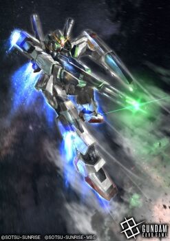 aeug aiming artist_request beam_rifle copyright_notice energy energy_beam energy_gun firing glowing gundam gundam_card_game gundam_mk_ii logo machinery mecha mecha_focus mobile_suit official_art realistic robot science_fiction shield space sunrise_(company) thrusters v-fin vernier_thrusters weapon zero_gravity zeta_gundam