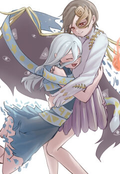 2girls asymmetrical_wings bare_shoulders barefoot blue_dress bone brown_hair closed_eyes closed_mouth commentary_request dress fiery_wings from_side half_mask hasukappu highres hug iwanaga_ariya long_hair long_sleeves mask multiple_girls open_mouth red_eyes shirt short_hair skeletal_wings sleeveless sleeveless_dress smile touhou twitter_username white_hair white_shirt wings yuiman_asama