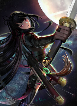 1girl absurdres asymmetrical_legwear belt black_belt black_bodystocking black_bridal_gauntlets black_hair blush bodystocking breasts bridal_gauntlets chaos_zero_nightmare colored_inner_hair commentary english_commentary hand_up harness hashamaro highres holding holding_sword holding_weapon katana large_breasts leotard long_hair mismatched_legwear moon multicolored_hair night parted_lips pouch red_eyes rin_(chaos_zero_nightmare) see-through_clothes sidelocks single_hiphigh single_thighhigh sky solo strap sword tassel thigh_strap thighhighs very_long_hair weapon