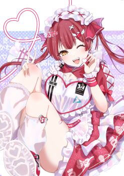 1girl ;d absurdres alternate_costume apron bandage_on_thigh breasts cleavage commentary_request copyright_name dress frilled_dress frills full_body hair_ornament hairband heart highres holding holding_heart holding_own_leg hololive honnoshioriii houshou_marine kneehighs lolita_hairband looking_at_viewer maid medium_breasts one_eye_closed open_mouth red_dress red_shoes shoes short_sleeves smile sneakers socks solo teeth thick_thighs thighs tongue two-tone_dress upper_teeth_only v virtual_youtuber waist_apron white_dress white_hairband white_socks winged_heart winged_heart_heart_hair_ornament x_hair_ornament yellow_eyes