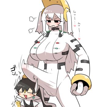 1futa 1girl arceus blush breasts bulge ear_piercing embarrassed erection erection_under_clothes futa_with_female futanari gen_4_pokemon japanese_text kasugai_(de-tteiu) large_breasts legendary_pokemon long_hair looking_at_viewer mythical_pokemon nintendo piercing pokemon regigigas simple_background twintails white_background white_hair