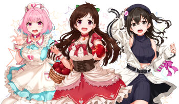 Rule 34 | #unicus (idolmaster), 3girls, absurdres, ahoge, amulet, apple, apron, arm up, bare shoulders, basket, belt, beret, black eyes, black hair, blue dress, blue hair, blush, bow, breasts, brown eyes, brown hair, choker, collarbone, commentary, corset, cowboy shot, crop top, dress, earrings, fang, food, frilled dress, frills, fruit, green bow, hair between eyes, hair bow, hair intakes, hat, heart, heart earrings, highres, idolmaster, idolmaster cinderella girls, jacket, jewelry, large breasts, long hair, long sleeves, looking at viewer, medium breasts, midriff, mole, mole under eye, multicolored hair, multiple girls, navel, nurse cap, off-shoulder dress, off shoulder, open clothes, open jacket, open mouth, outstretched arm, pink eyes, pink hair, pink ribbon, pocket, puffy short sleeves, puffy sleeves, red bow, red dress, red ribbon, ribbon, sharp teeth, short hair, short sleeves, simple background, sirurabbit, sleeveless, sleeveless turtleneck, standing, star (symbol), sunazuka akira, sweater, teeth, triangle, tsujino akari, turtleneck, turtleneck sweater, two-tone hair, two side up, white background, white jacket, wrist cuffs, yumemi riamu, zipper