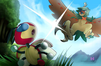 blue_sky blurry blurry_background closed_mouth cloud commentary day decidueye english_commentary flying gen_2_pokemon gen_7_pokemon glint grass hybridthecherub ledian making-of_available nintendo open_mouth orange_pupils outdoors paid_reward_available patreon_username pokemon pokemon_(creature) pokemon_focus sky talons tree watermark web_address yellow_eyes