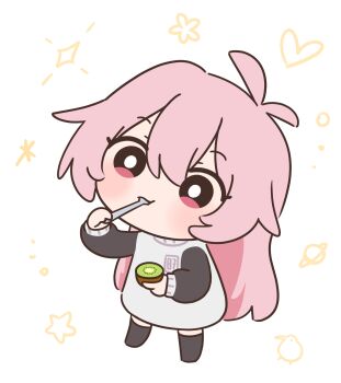 1girl :t antenna_hair baggy_clothes bird black_sweater bloodymoonia chibi commentary doodle_background eating english_commentary food fruit heart highres holding holding_food holding_fruit holding_spoon kiwi_(bird) kiwi_(fruit) long_hair looking_up mumble_(shachimu) original oversized_clothes oversized_sweater pink_eyes pink_hair solo sparkle spoon star_(symbol) sweater two-tone_sweater utensil_in_mouth white_sweater