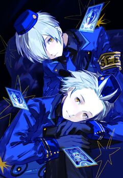 Rule 34 | 2boys, alternate costume, alternate hair color, antenna hair, armband, armchair, black background, black gloves, blue hat, blue jacket, blue necktie, card, chair, closed mouth, death (tarot), floating card, gloves, hair over one eye, hat, highres, jacket, long sleeves, looking at viewer, male focus, mochizuki ryouji, mole, mole under eye, multiple boys, necktie, on chair, one eye covered, persona, persona 3, rrrrrrrrrrrou1, short hair, sitting, star (symbol), tarot, tarot card, velvet room, white hair, yellow armband, yellow eyes, yuuki makoto (persona 3)