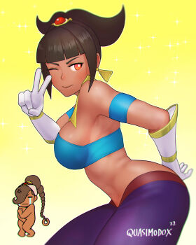 Rule 34 | 2girls, absurdres, annoyed, brown hair, capcom, cosplay, covering privates, dark-skinned female, dark skin, han juri, highres, multiple girls, nude, power stone, quasimodox, rouge (power stone), street fighter, tears