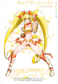 1girl armor armored_boots armored_gloves armored_skirt bikini bikini_armor bikini_skirt blonde_hair boots breasts choker cure_sunshine fingerless_gloves gloves heartcatch_precure! highres knee_boots kurose_kousuke long_hair magical_girl myoudouin_itsuki navel orange_choker orange_gloves precure shield shoulder_armor small_breasts solo swimsuit twintails very_long_hair weapon white_bikini white_boots yellow_bikini yellow_boots