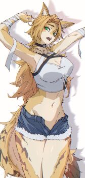 1girl absurdres animal_ear_fluff animal_ears animal_nose bandaged_arm bandages breasts cat_ears cat_tail cherrrim cleavage cowboy_shot fur-trimmed_shorts fur_trim furry furry_female green_eyes highres large_breasts long_hair looking_at_viewer midriff navel open_fly pulchra_fellini shorts simple_background solo stretching tail white_background zenless_zone_zero