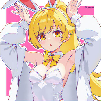 1girl absurdres alternate_costume alternate_hairstyle animal_ears armpits arms_up blonde_hair blush border bow breasts cleavage detached_collar fake_animal_ears fingernails hair_flaps highres jacket leotard long_fingernails long_hair looking_at_viewer luna_velstra monogatari_(series) open_clothes open_jacket open_mouth oshino_shinobu outside_border pink_background ponytail rabbit rabbit_ears rabbit_girl rabbit_pose small_breasts solo strapless strapless_leotard twitter_username upper_body white_border white_jacket white_leotard yellow_bow yellow_eyes