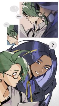 2girls ? blue_eyes blue_hair chinese_commentary collared_shirt commentary_request earrings eye_contact eyes_visible_through_hair geeta_(pokemon) glasses green_hair highres jewelry jinshu_(metalmouse) long_hair looking_at_another multiple_girls neck_ribbon nintendo parted_lips pokemon pokemon_sv red_eyes ribbon rika_(pokemon) semi-rimless_eyewear sequential shirt smile spoken_question_mark swept_bangs under-rim_eyewear white_background white_shirt wide-eyed yuri