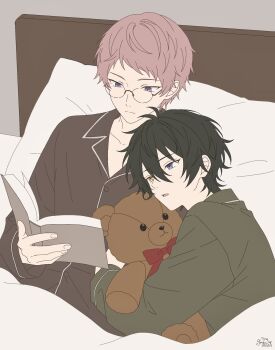 2boys bespectacled black_hair blue_eyes book bow bowtie buttons closed_mouth commentary_request dated ensemble_stars! fingernails glasses hair_between_eyes heterochromia highres holding holding_book hugging_object itsuki_shu kagehira_mika long_sleeves lying male_focus multiple_boys nisesakana on_side open_book open_mouth pajamas pink_hair purple_eyes reading_together red_bow red_bowtie short_bangs short_hair signature stuffed_animal stuffed_toy teddy_bear upper_body valkyrie_(ensemble_stars!) yellow_eyes