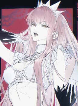 Rule 34 | 1girl, absurdres, bra, breasts, elbow gloves, fangs, fate/grand order, fate (series), gloves, highres, looking at viewer, medb (fate), medb (third ascension) (fate), metama, open mouth, outside border, pink hair, sidelocks, sketch, small breasts, solo, stomach, teeth, tiara, underwear, upper body, white bra, yellow eyes