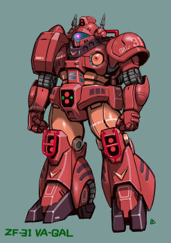 absurdres armor character_name clenched_hands commentary commentary_request cyclops energy_cannon glowing glowing_eye highres mecha megaro_zamac mercy_rabbit one-eyed original radio_antenna red_eyes retro_artstyle robot science_fiction sensor shoulder_armor signature simple_background solo visor zf-31_va-gal