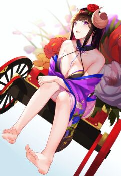1girl azur_lane bare_shoulders barefoot breasts brown_hair cleavage collarbone commentary_request curled_horns dutch_angle feet female_focus flower full_body hair_flower hair_ornament highres horns japanese_clothes kimono kojo_(0124) long_hair md5_mismatch on_bench open_mouth purple_eyes resolution_mismatch revision rickshaw sitting smile soles solo source_larger suruga_(azur_lane) suruga_(hundred_flower&#039;s_auspice)_(azur_lane) toes