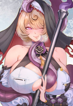1girl bare_shoulders between_breasts black_bow blonde_hair blush bow breasts button_gap cleavage closed_mouth commentary detached_sleeves english_commentary etidekailo hair_between_eyes highres holding holding_weapon large_breasts looking_at_viewer mole mole_under_mouth monster_girl nun one_eye_closed purple_eyes scylla shirt short_hair smile solo steaming_body suction_cups tentacle_between_breasts tentacle_girl tentacle_tail tentacles twitter_username upper_body weapon white_shirt white_sleeves yidhari_murphy zenless_zone_zero