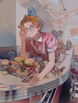 1boy absurdres america_(hetalia) apron arm_up axis_powers_hetalia bar_stool blonde_hair blue-tinted_eyewear blue_eyes blue_hat brown_pants burger checkered_floor chinese_commentary collared_shirt commentary_request counter crossed_ankles curtained_hair diner food french_fries hat head_rest highres holding holding_food ice_cream ice_cream_cone looking_to_the_side lying male_focus on_stomach orange-tinted_eyewear pants party_hat sauce shiragon shirt shoes short_hair short_sleeves sideways_glance sleeve_cuffs solo star-shaped_eyewear star_(symbol) stool string_of_flags tater_tots tinted_eyewear tray wing_collar