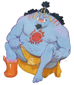 1boy abs bara black_hair blue_skin colored_skin curly_eyebrows facial_hair fish_boy goatee highres jinbe_(one_piece) large_pectorals long_hair male_focus muscular muscular_male nipples one_piece pectorals rollo_(kuyuen1) scar scar_on_face sharp_teeth smile solo strongman_waist teeth topless_male tusks