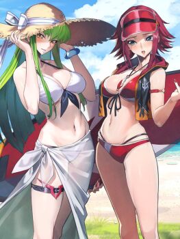 2girls artist_request beach bikini blue_eyes bracelet breasts c.c. code_geass code_geass:_genesic_re;code cropped_hoodie green_hair hat highres hood hoodie jewelry kouzuki_kallen large_breasts legband long_hair multiple_girls navel necklace official_art outdoors red_bikini red_hair sarong see-through_clothes see-through_sarong short_hair sky standing sun_hat surfboard swimsuit visor_cap white_bikini yellow_eyes