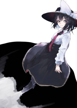 1girl absurdres black_boots black_eyes black_hair black_hat black_skirt black_socks boots bow closed_mouth collar hair_between_eyes hat highres large_bow long_skirt long_sleeves looking_to_the_side muraryo necktie shirt short_hair simple_background skirt sleeve_cuffs smile socks solo standing touhou usami_renko white_background white_bow white_collar white_shirt wide_brim
