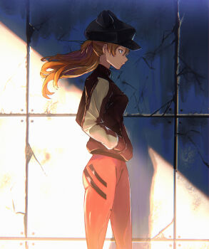 Rule 34 | 1girl, absurdres, animal hat, black hat, blue eyes, bodysuit, cat hat, closed mouth, commentary, dejio, from side, hair between eyes, hat, highres, jacket, long hair, mecha pilot suit, neon genesis evangelion, orange hair, plugsuit (evangelion), red bodysuit, red jacket, solo, souryuu asuka langley, standing, two side up
