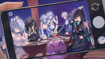 1other 6+girls absurdly_long_hair absurdres ahoge aqua_hair black_bodysuit black_gloves black_hair black_hood blonde_hair blue_coat blue_hair bodysuit breasts brochette cinderella_(glass_princess)_(nikke) cinderella_(nikke) cleavage coat commentary crop_top crown dress english_commentary food gloves goddess_of_victory:_nikke grave_(nikke) gretel_(nikke) grey_hair hair_intakes hansel_(nikke) highres holding holding_food holding_phone huge_breasts large_breasts little_mermaid_(nikke) long_hair maji_(majidesu3) mini_crown mori_(nikke) multicolored_hair multiple_girls night official_alternate_costume old_tales_(nikke) phone pov pov_hands see-through_clothes see-through_dress short_hair siblings sisters sky smile star_(sky) starry_sky taking_picture twins two-tone_hair underboob very_long_hair white_dress white_hair yellow_eyes